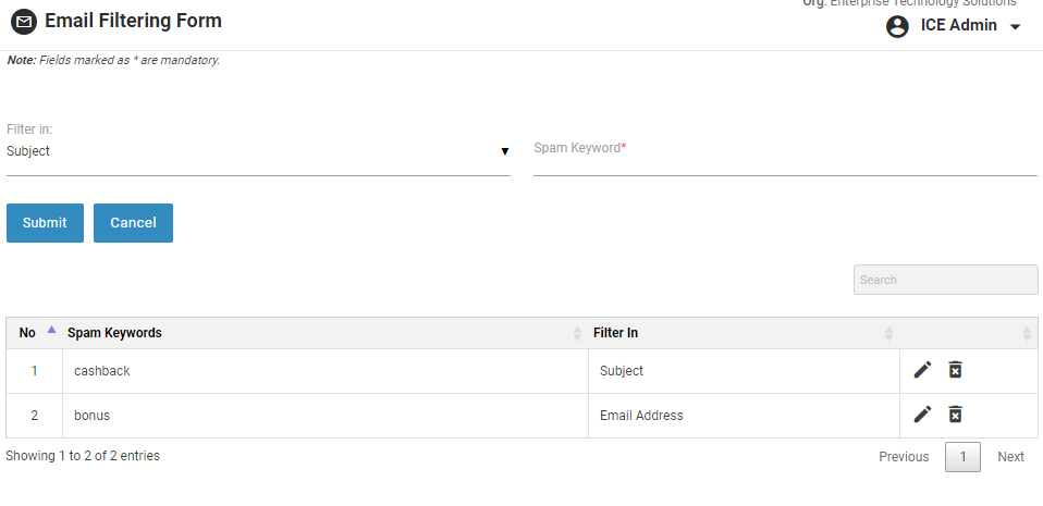 Email Filtering Form 2