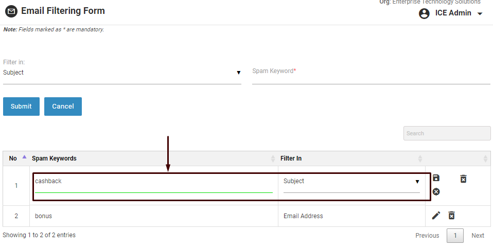Email Filtering Form 3