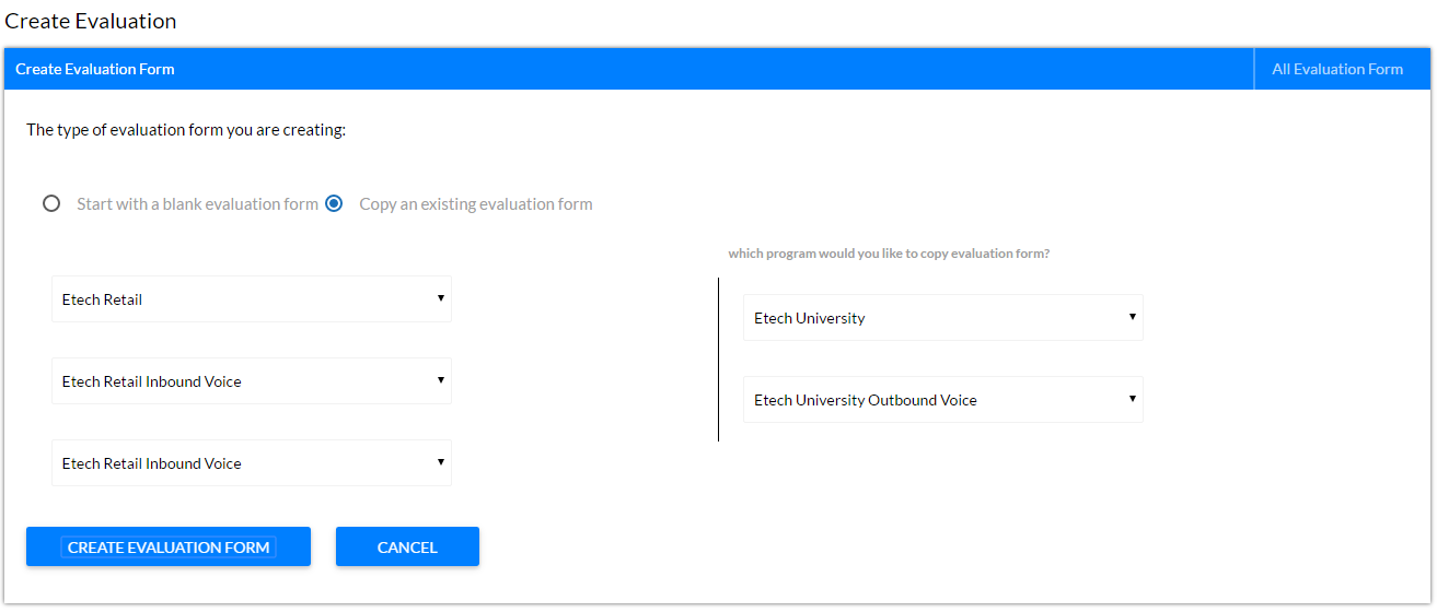 Copy an existing evaluation form screen